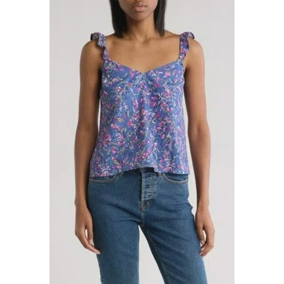 French Connection Breya Eltan Ruffle Camisole Tank Top Sz XL Pier Blue Multi - Picture 1 of 7